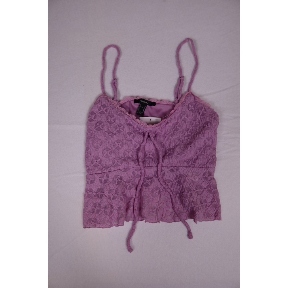 Forever 21 Wisteria Purple Textured Knit Cami Top Lace Trim Tie Front Medium NEW